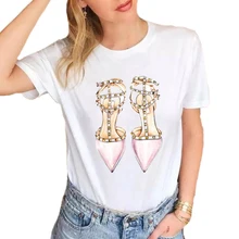 Модные тонкие женские футболки для девочек; женская футболка; туфли на высоком каблуке; розовые женские белые футболки с цветочным принтом и бантом; женские винтажные футболки