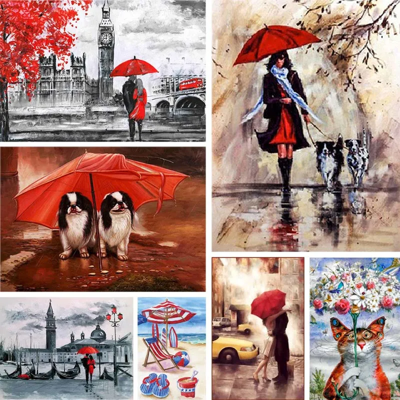 

5d Diy Diamond Painting Red Umbrella Paris Diamond Embroidery Landscape Animal Cross-stitch Rhinestone Art Home Decor Gift A1