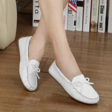 women’s Spring and autumn female Moccasins genuine leather loafers slip on shoes flat heel soft outsole mother black white shoes