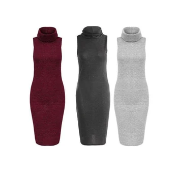 

New Fashion Casual Skinny Summer Women Ladies Sleeveless Turtleneck Solid Knee-Length Cotton Dress 3 Color Outfit Summer Party