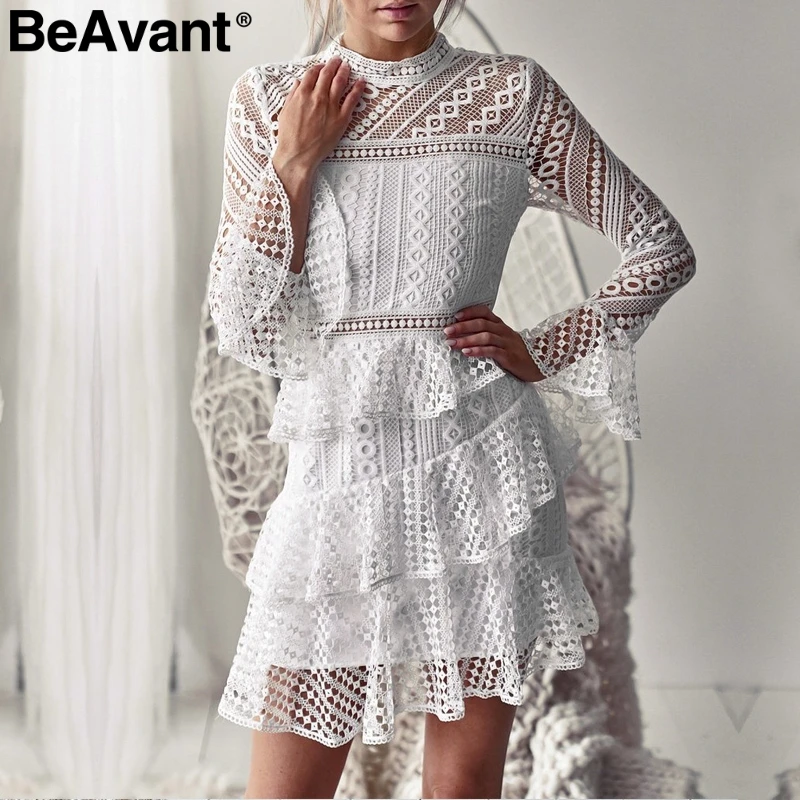 BeAvant Layered ruffle hollow out lace dress Women plus size flare sleeve white dress Elegant 2018 o neck winter dress party
