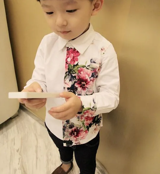 Осенняя белая блузка для маленьких девочек; топ для мальчиков; одежда из хлопка; элегантная рубашка с длинными рукавами и цветочным принтом; Детская летняя повседневная рубашка
