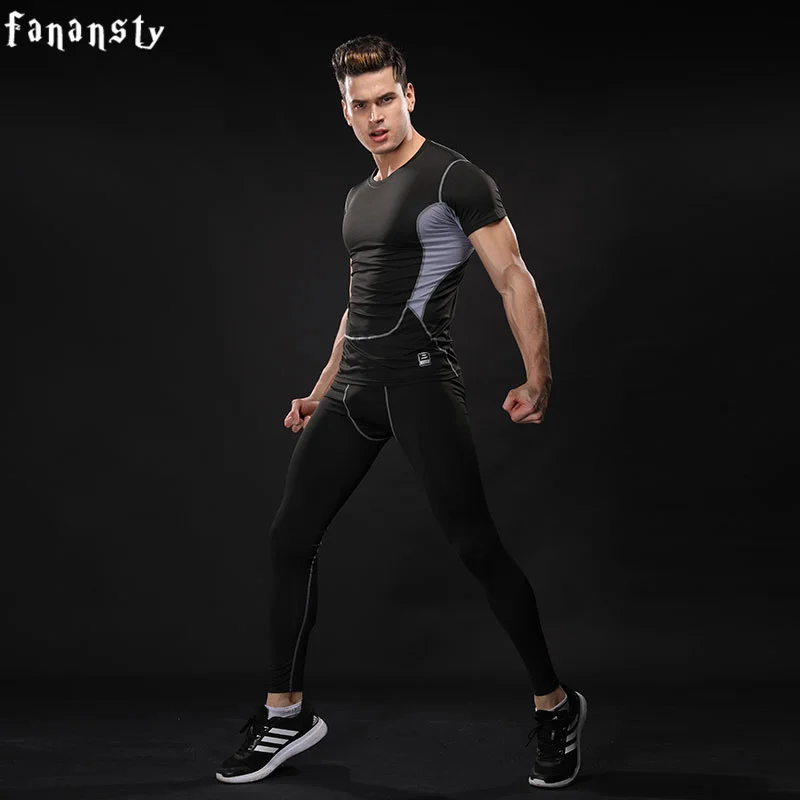 

2 Pieces Compression Set Running Clothes For Men Short Sleeve T-shirt Men Sports Suits Gym Fitness leggings Pants Quick Dry Sets