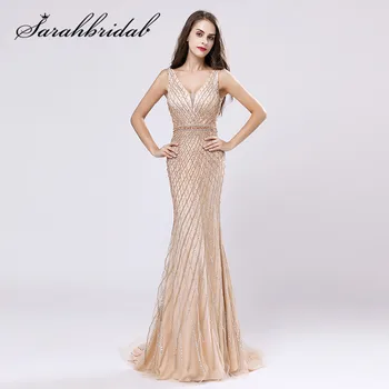 

Luxury Champagne Evening Dresses 2019 New Arrivals Charming V-neck Backless Zipper Crystal Beaded Sequined Party Gowns CC495