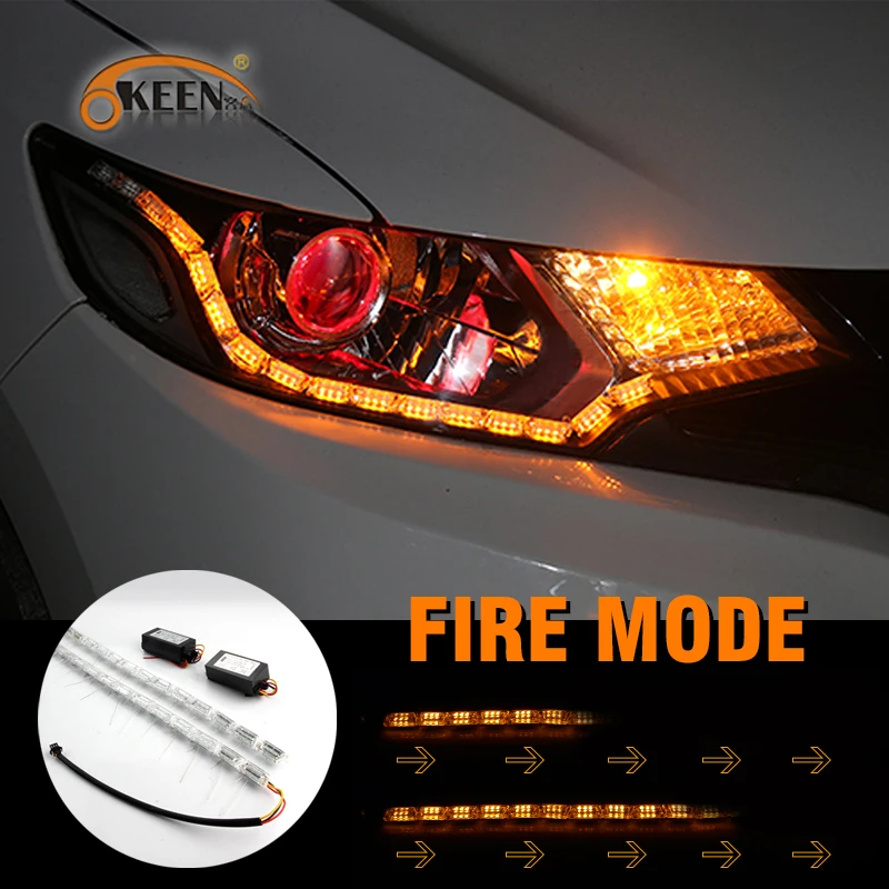 OKEEN Fire Ghost mode DRL Белый/янтарный горящий светодиодный светильник Knight Rider, Полоска, светильник с последовательным потоком сигнала поворота, головной светильник с ангельским глазом