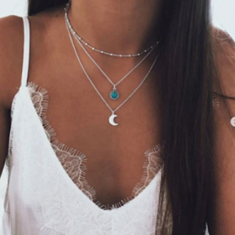 

2019 new arrivals fashion pop jewelry moon three-layer multi-layer necklace Bohemian female jewelry wholesale gift
