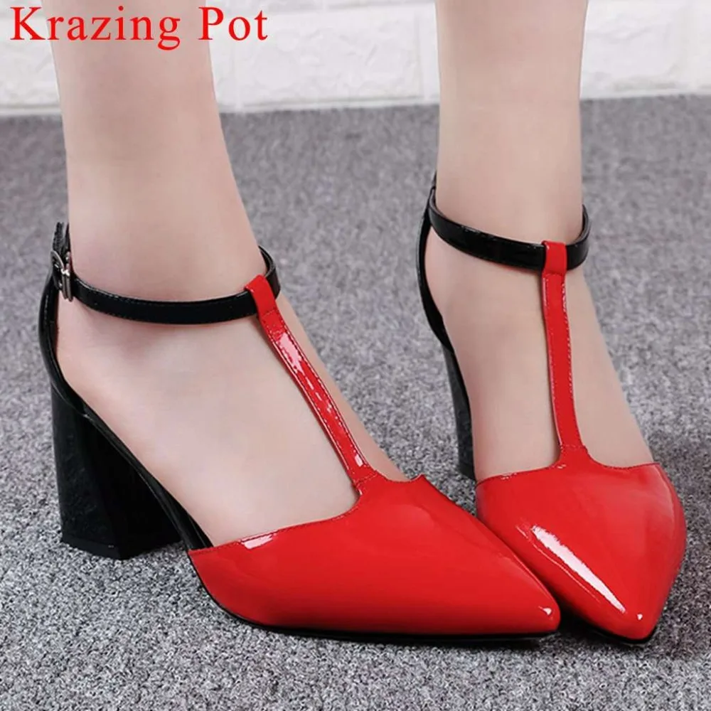 

Krazing Pot genuine leather pointed toe buckle strap high heels mixed colors hollow women pumps dress streetwear daily shoes L04