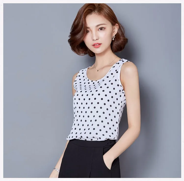 Sleeveless Blusa Women Summer Chiffon Striped Dot Blouses Tops elegant Casual Loose Plus Size Tank Top Vetement Femme 2016  A292 h