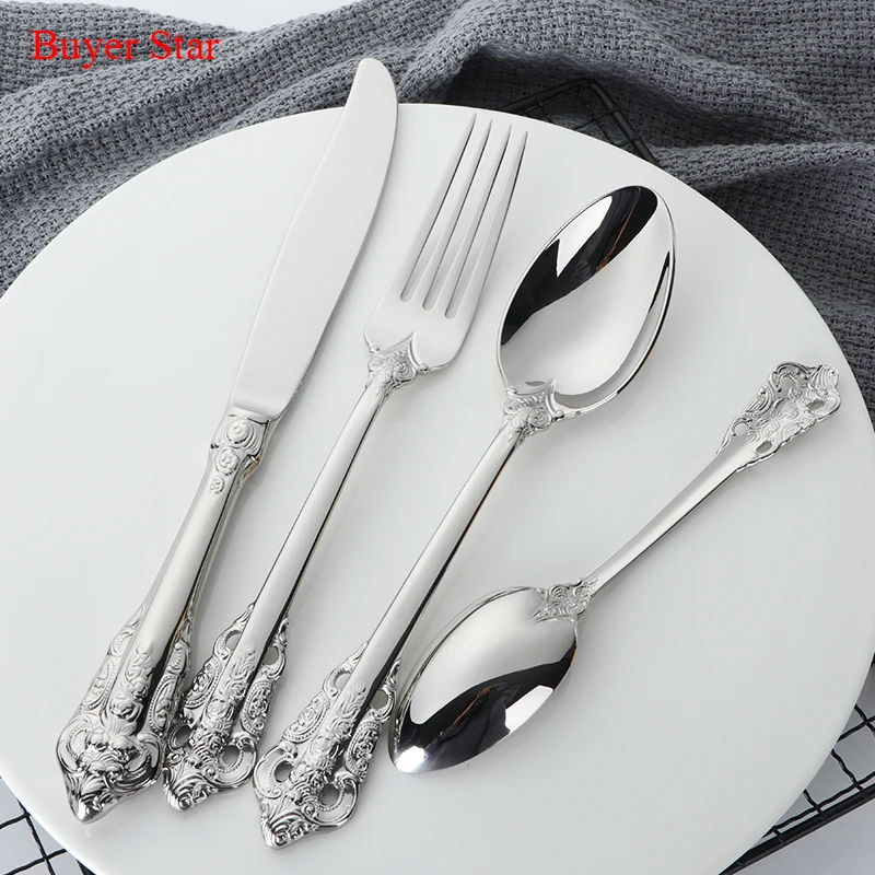 

18/10 Stainless Steel Luxury Dinnerware Set 24 Pcs Cutlery Set Restaurant Retro Vintage Dining Beautiful Silverware Knives Forks