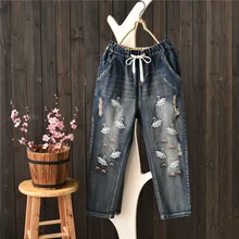 Осенний Пункт Ретро Национальный Ветер эластичный пояс шнурок Вышивка Узор потертые джинсовые брюки женские Лебедь