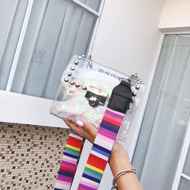 

Women Shoulder Bag Fashion Bling Transparent Crossbody Bags Messenger colorful Strap Beach Bag 2019 New Design Purse and Handbag