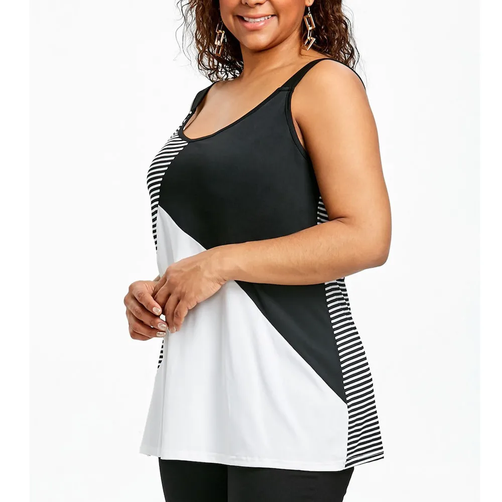 

Fashion Women T-Shirt Plus Size Stripe Patchwork Sleeveless Vest O-Neck T-Shirt