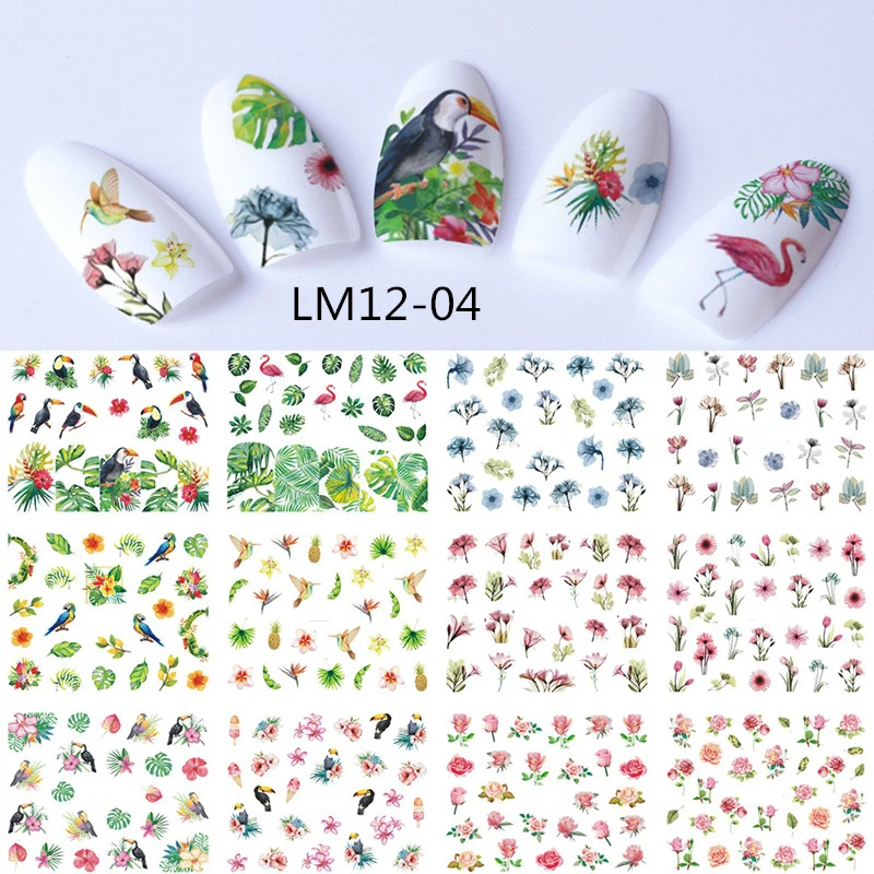 12 Designs Watermark Nail Art Decoration Water Decals Flower Flamingo Bird Rose Sticker Manicure Sliders Adhesive Tip BN913-924