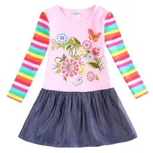 NEAT retail rainbow sleeve bohemian style lovely dress for kids baby girl clothes pink child dress flowers print LH5803# neat wholesale new baby girl clothes college style lovely girls dresses kids clothes long sleeve dress cartoon elephant sg006