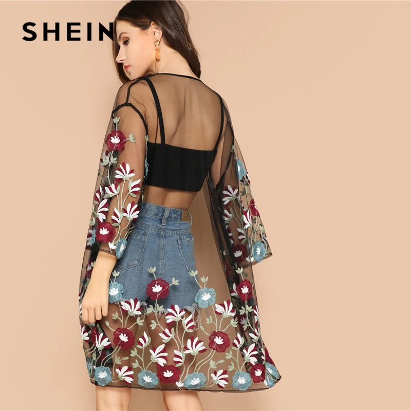 SHEIN Multicolor Flower Embroidery Mesh Sheer Boho Longline Kimono Cardigan Women Summer Long Sleeve Beach Vacation Sexy Kimonos