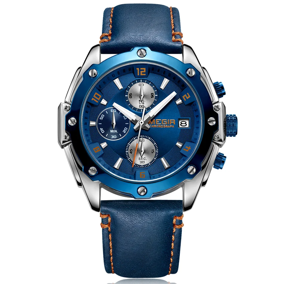 

Megir Brand Watches Men Blue Leather Luminous Sport Chronograph Quartz Men Watch Army Military Waterproof Relogio Masculino