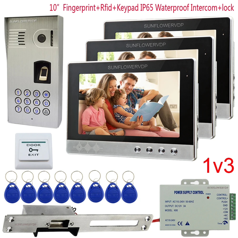 

IP65 Waterproof Video Phone 3 Units Fingerprint Rfid Code Door Intercom System 10" Color Indoor Monitor + Electric Strike Lock