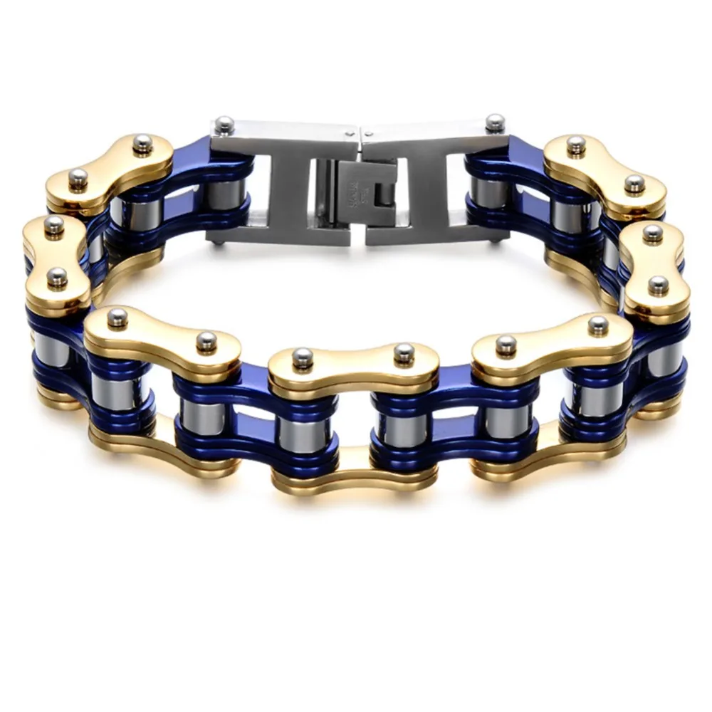 Men's 19mm Wide Heavy Solid Gold Blue Bike Chain Bracelet for Men Stainless Steel Motorcycle Bicycle Bangle Male Jewelry Fashion Jewelry