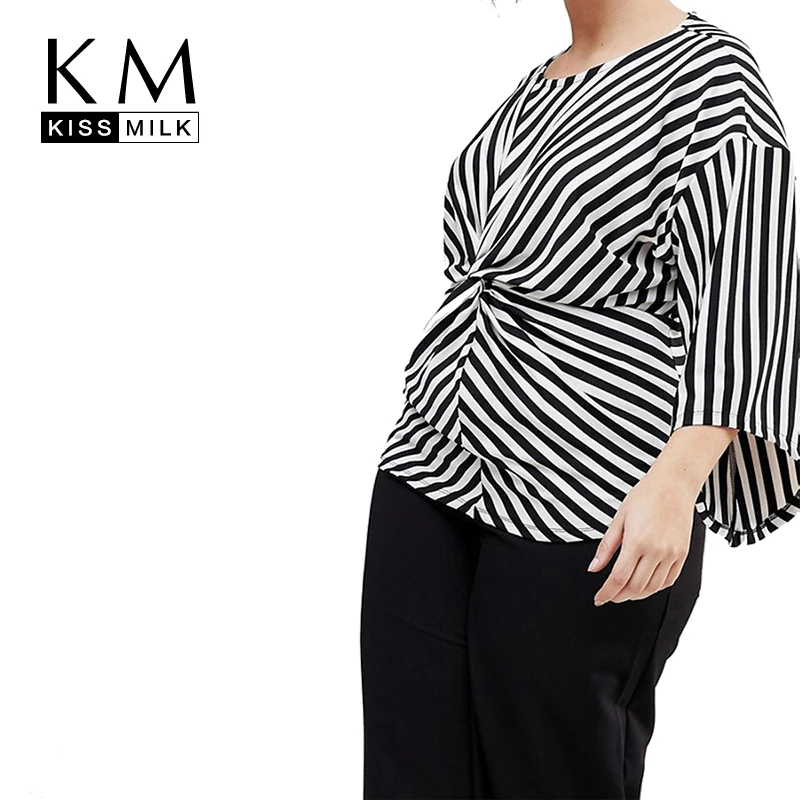

Kissmilk Plus Size Women Office Lady Black And White Stripes Tops Shirt Crew Neck Long Flare Sleeve Wrinkle Female Blouse