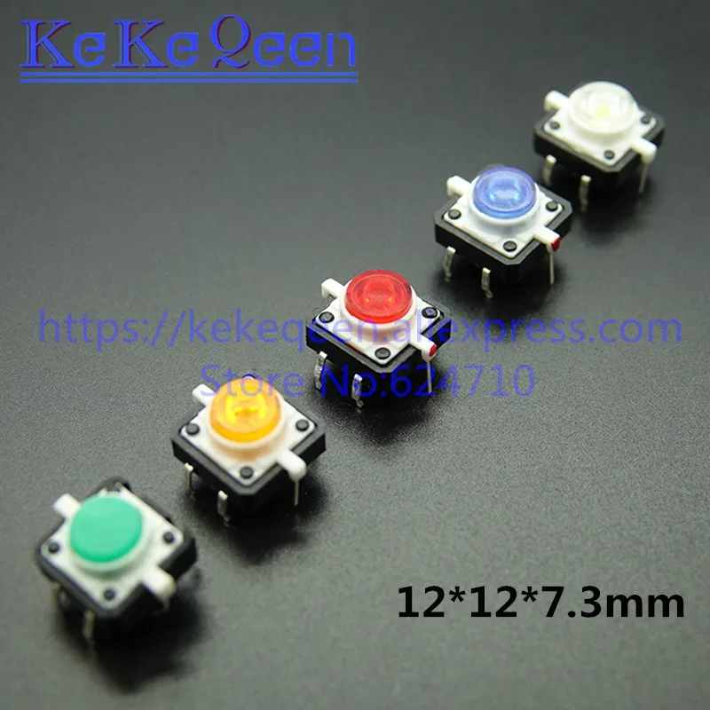 50pcs Colourful Tactile Push Button Switch Momentary 12*12*7.3MM Micro switch 4 pin reset green white blue yellow red with light |