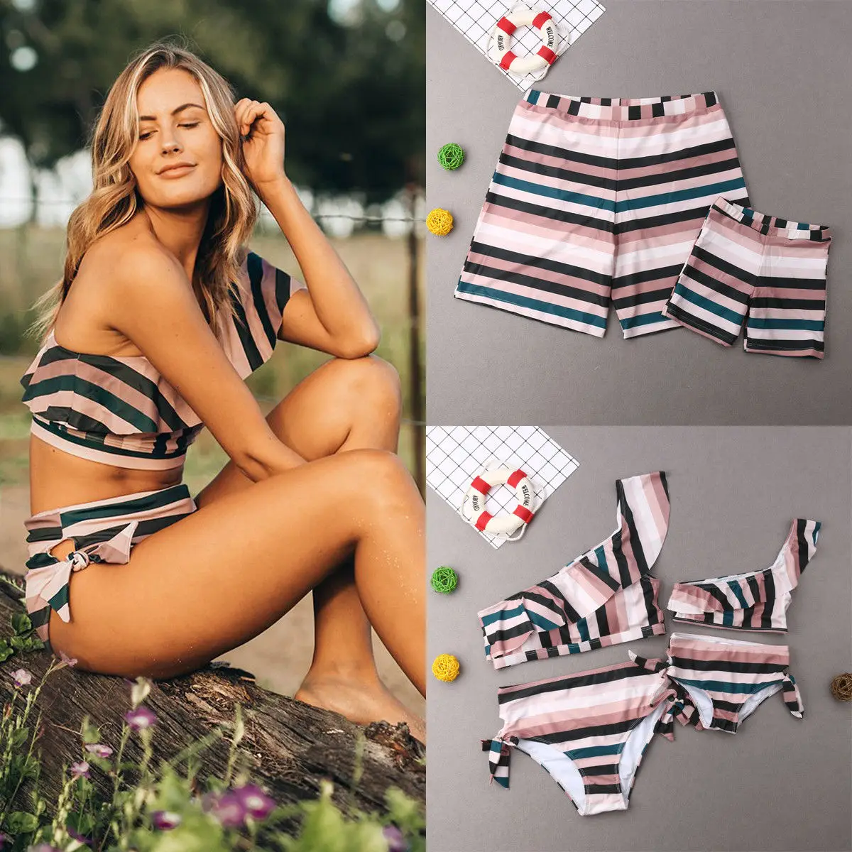 

Family Matching Swimwear Mother Father Daughter Son Swimsuit Striped One Shoulder High Waist Bikini Sets Board Shorts Swimsuit