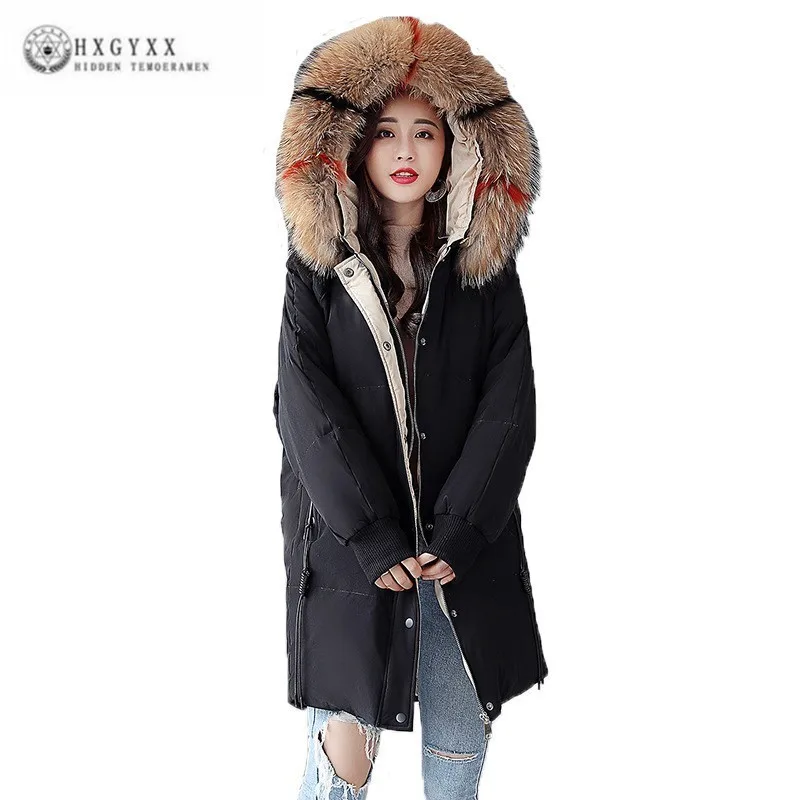 

2019 New Winter Women Down Jacket Middle Length Thicker Korean Style Casual Loose Plus Size Big Hair Collar Parka Female J127