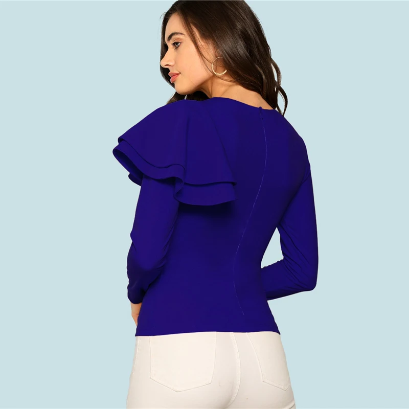 Sheinside Офисная женская синяя футболка с длинным рукавом, Женская Осенняя коллекция, на молнии сзади, с рюшами, с одним рукавом, элегантная простая Женская футболка s