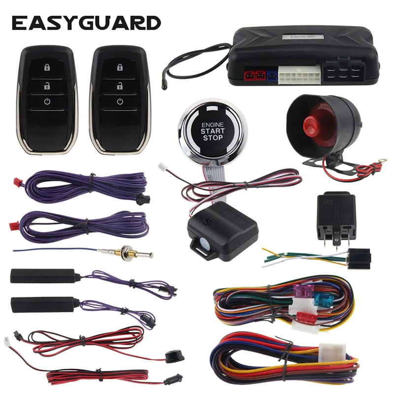 

EASYGUARD PKE car alarm proximity unlock lock remote engine start & push start button shock alarm warning dc12V universal