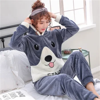 

Suit Pajamas Winter 2019 Women Thickening Coral Fleece Long Sleeves Flannel Home Clothes Turn-down Collar Warm Suit Pajamas