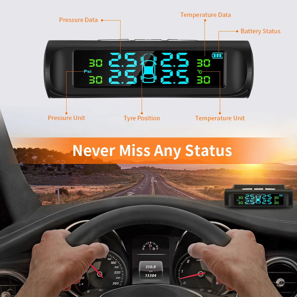 

Zeepin C240 TPMS Solar USB Charging Car Tire Pressure Monitoring System LCD Display Alarm System 4 External Internal Sensors