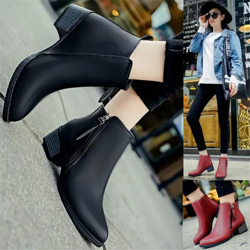 

2019 Autumn And Winter New European And American Boots Short Side Zipper Comfortable Pointed Thick With A Short Tube Women's Boo