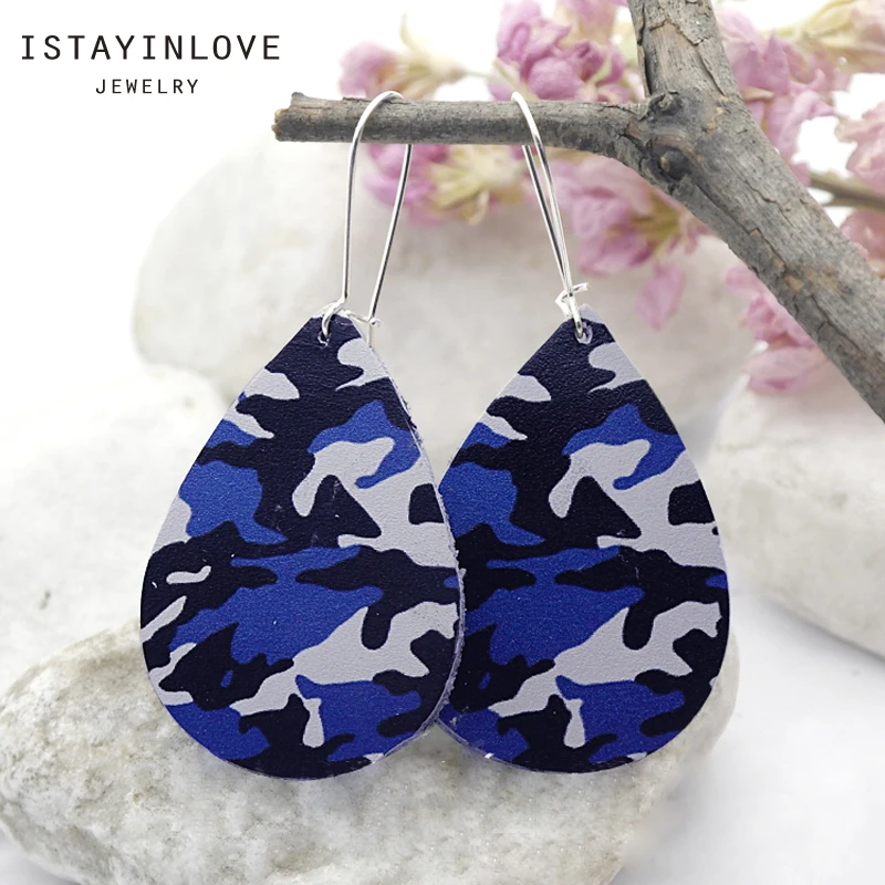 

ISTAYINLOVE JEWELRY Camo Pattern Jewellery Genuine Leather Dangle Earrings Silver Gold Ear Hooks Boho Teardrop Die Cut LET23