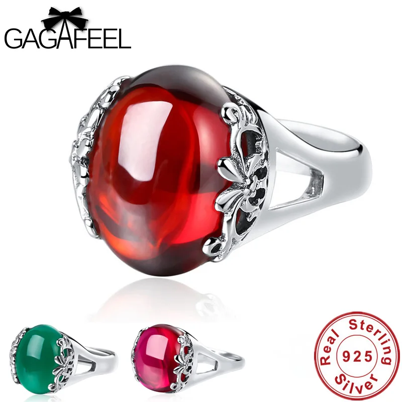 

GAGAFEEL Retro 925 Sterling Silver Inlay Red Garnet Round Rings For Women Fine Jewelry Vintage Handmade Finger Rings for Female