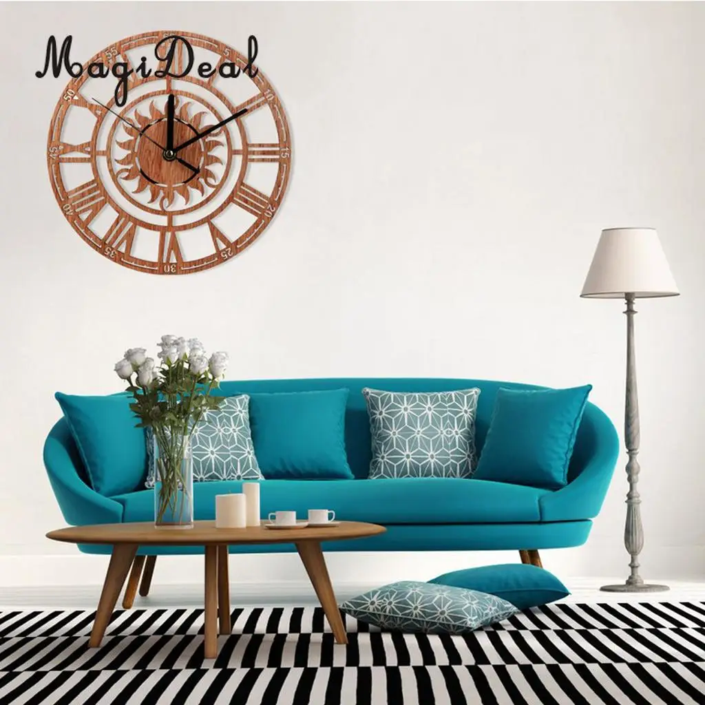 Large Round Sun Shaped Vintage Roman Handmade Decorative Art Wooden Large Wall Clock On The Wall For Gift 23cm