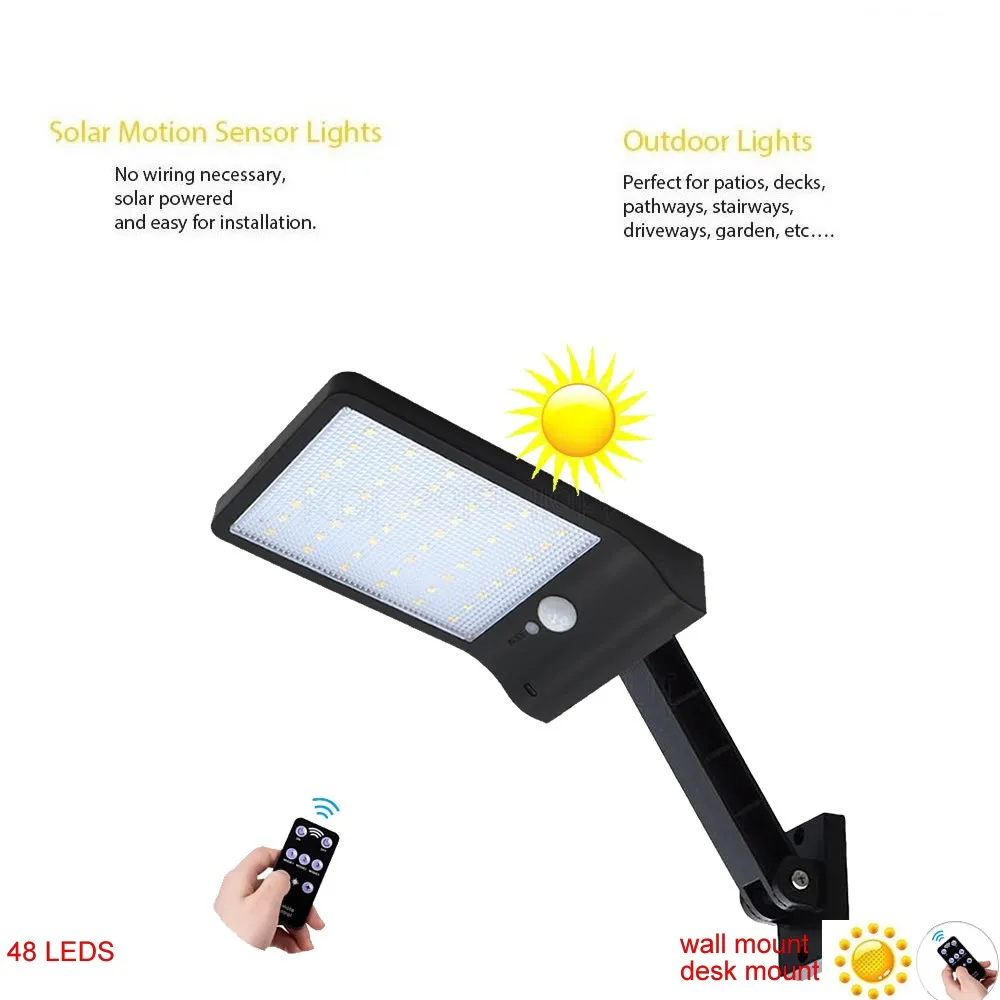 

desk wall mount remote control rotate bracket solar street light 48 LED Solar Light Three Modes Black White Waterproof Outdoor G