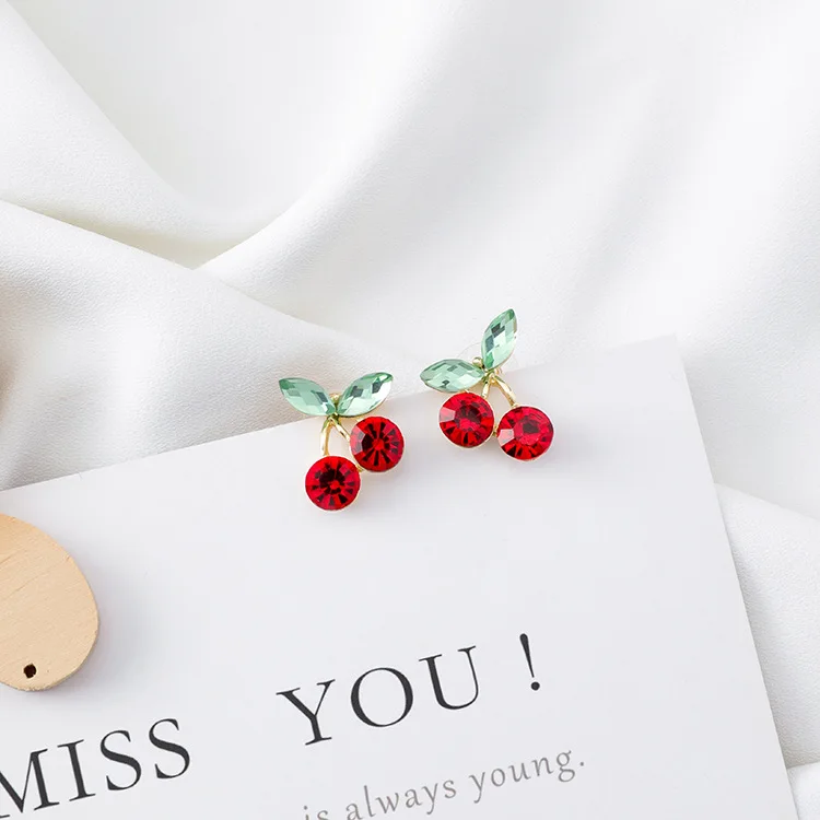 Корейские маленькие милые серьги-гвоздики с красными кристаллами в виде вишневого листа для женщин и девушек, модные корейские драгоценности, Букле д 'ореиль Femme