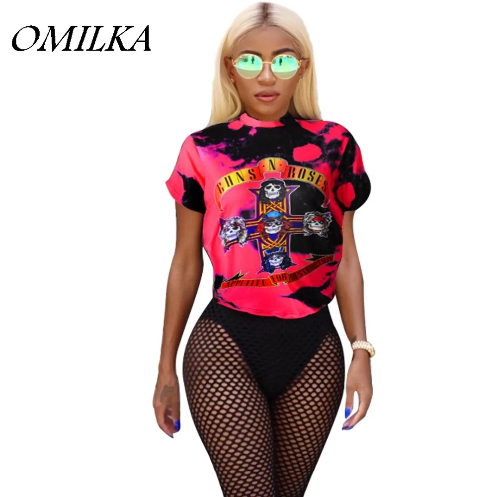 

OMILKA 2019 Summer Women Short Sleeve O Neck Guns and Roses Letter Printed T Shirt Casual 2 Piece Harajuku Streetwear Tops Tees