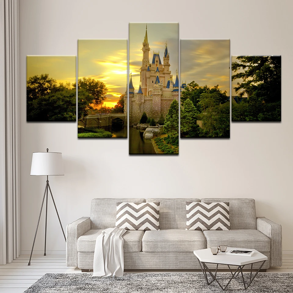 5 Pieces Printed Cinderella Castle Paintings Wall Art Canvas Modular