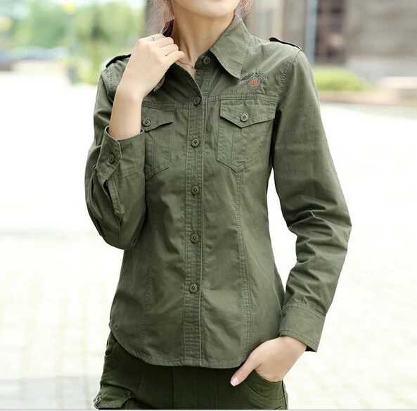 2016 Spring New Women's Casual Outdoors Cargo long sleeve shirts army