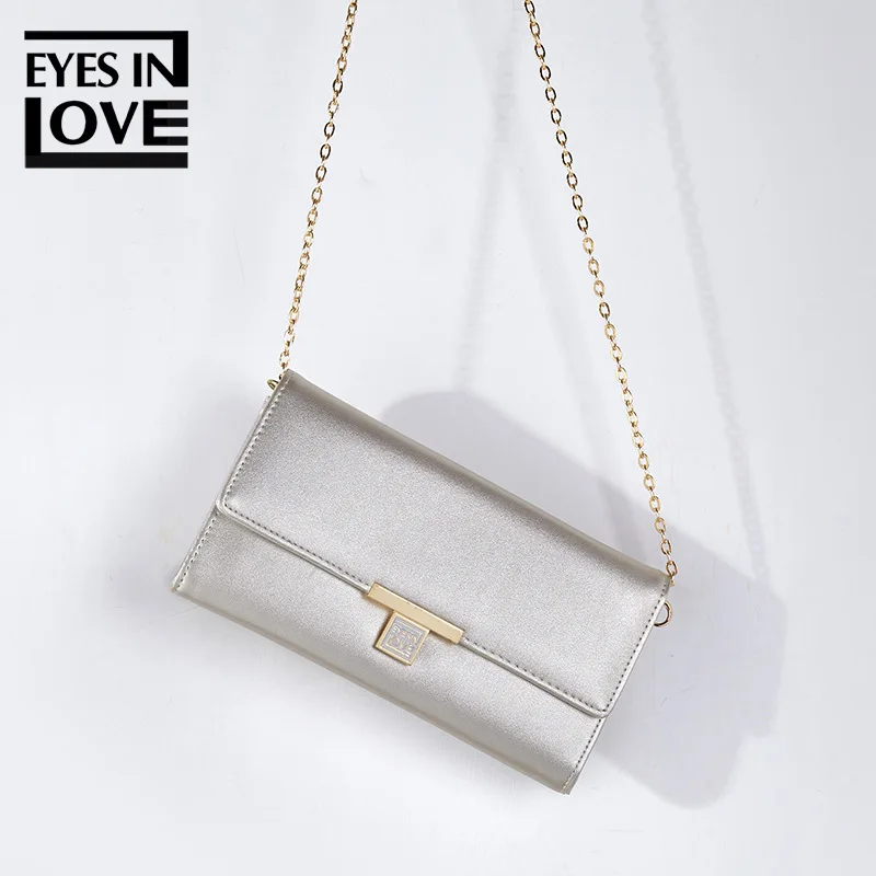 

2019 Fashion Leather Modern Stylish OL Silver Shoulder Bag For Women Golden Metal Long Chain Cash Phone Crossbody Messenger Bag