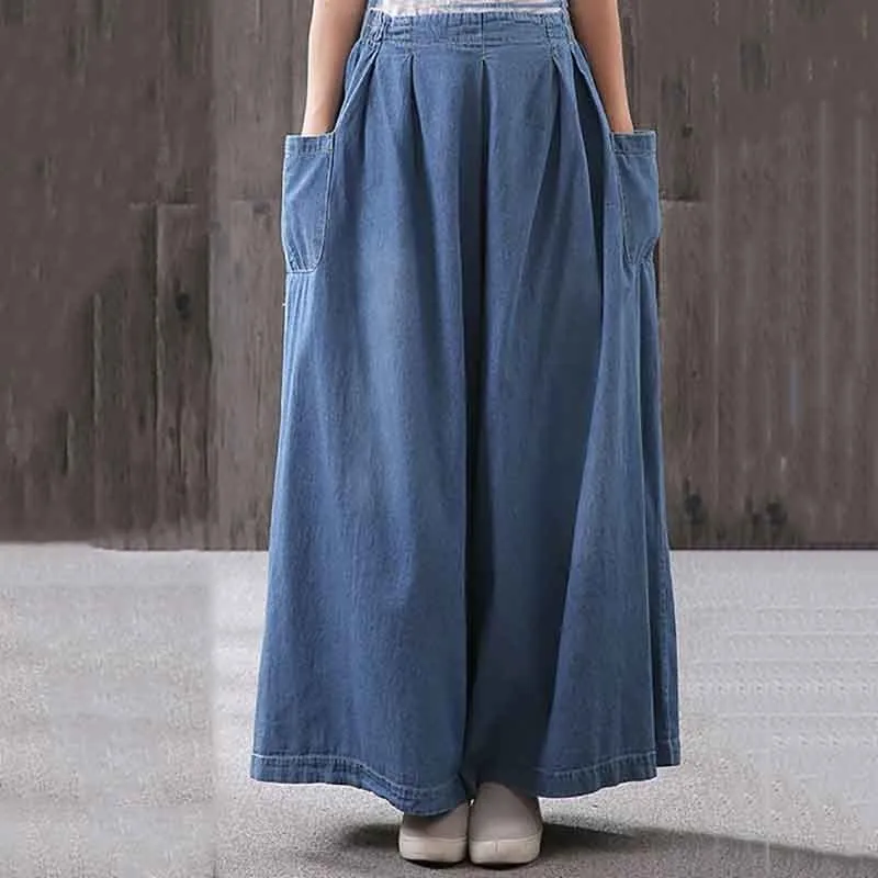 

[YaLee] New Fashion 2019 Summer Thin Elastic Waist Jeans Splicing Pockets Pleated Large Size Wide Leg Denim Pants Women U876