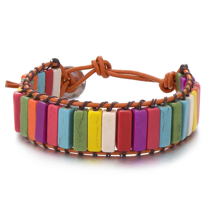 

Bohemia Multicolor Natural Stone Chakra Bracelet Women Men Ethnic Tube Beads Leather Wrap Bracelets Couples Jewelry Party Gifts