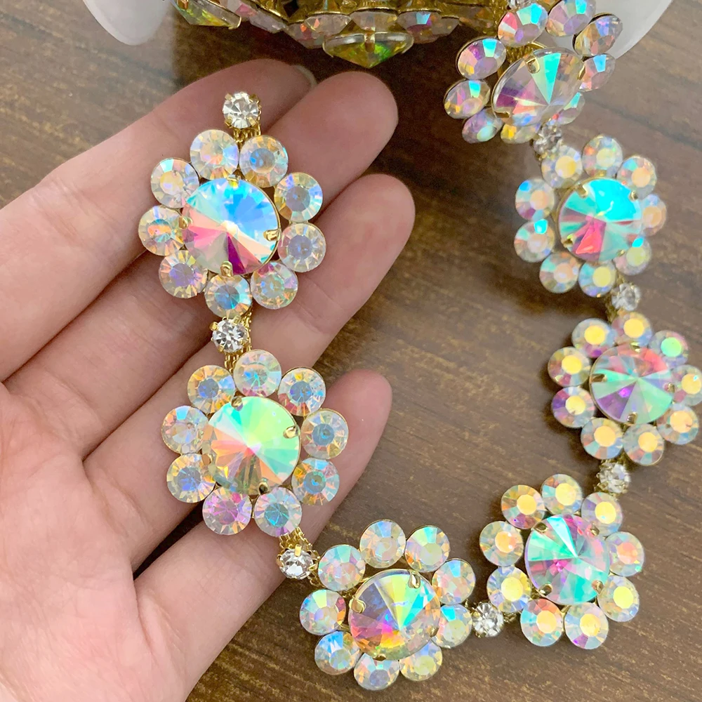 

Top-Grade Crystal AB Rhinestone Cup Chain Big Flower shape Silver gold Base Rhinestone Trim AB Sew on Rhinestones DIY Dress Bag