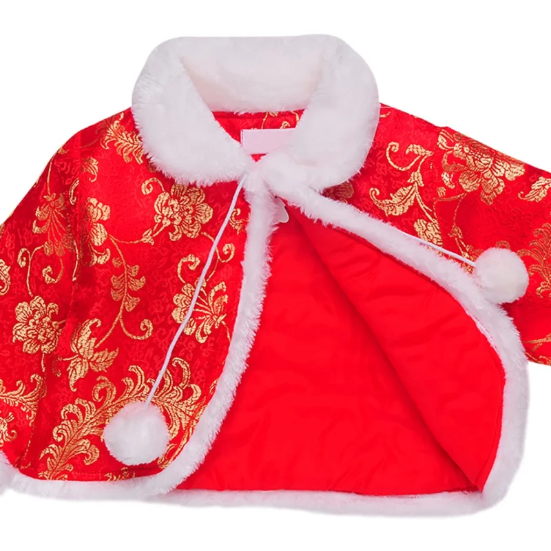 Зимний комплект с платьем для девочек, китайский традиционный чонсам, бархатный Новогодний комплект с платьем для девочек, Красная шаль +