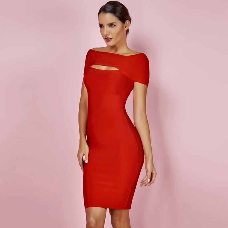 Ocstrade Новинка искусственный шелк высокое качество вырезать Для женщин облегающее Бандажное платье сексуальное трикотажное платье с открытыми плечами облегающее платье для вечеринок красное платье