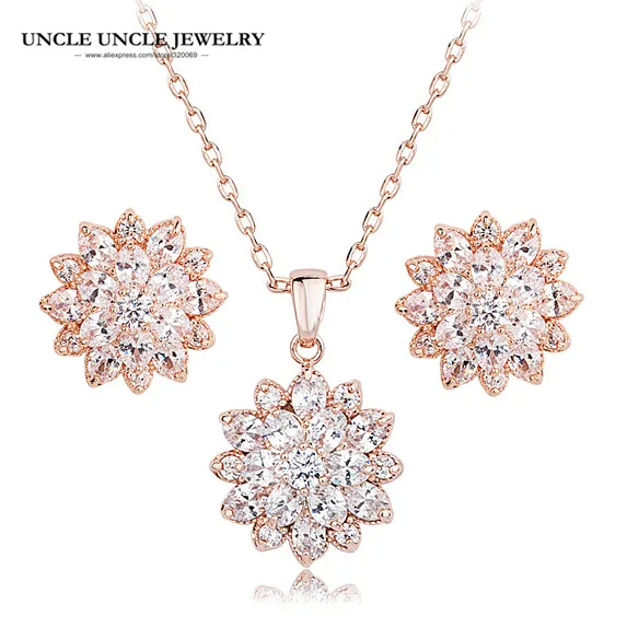 

Rose Gold Color Clear Cubic Zirconia Setting Crystal Flower Design Fashion Woman Jewelry Set Earring/Necklace Wholesale Gift