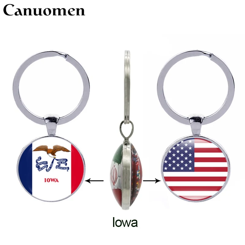 Canuo для мужчин штат Айова брелок для ключей «флаг» Северная Дакота, Северная Каролина США 50 штатов стекло двухсторонний брелок для женщин мужчин подарки ювелирные изделия - Цвет: Iowa