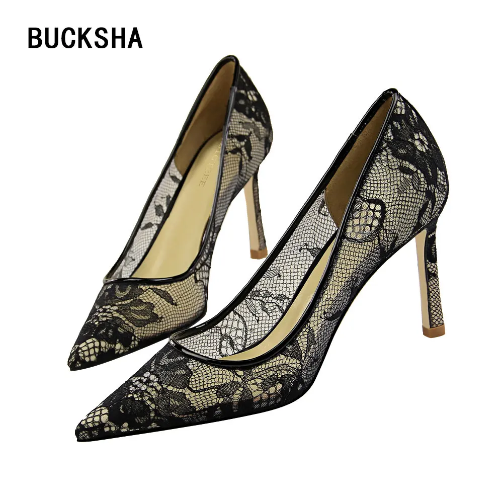 

BUCKSHA 8.5cm High heels Women Embroider Mash Stiletto Pointed Toe Pumps ladies Black high heels Woman Causal Shoes