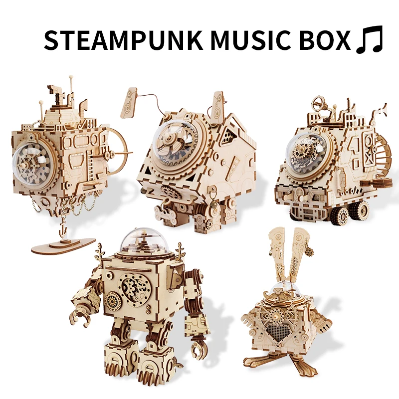 

Robotime 5 Kinds 3D Wood Puzzle DIY Steampunk Music Box Assembled Wooden Model Toys for Boys Girls Children Educational Puzzles