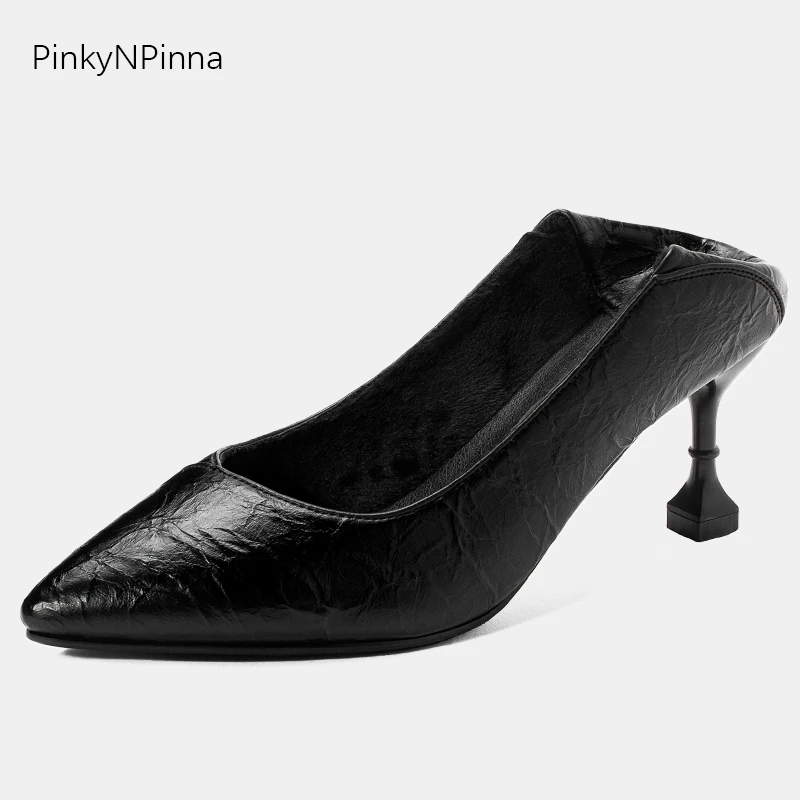 

Office lady black pumps high heels pointed toe slip on foldable back women pleated patent leather chic party shoes size 43-34